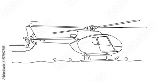 Light helicopter idling on ground at outdoor landing pad airfield. No editable stroke