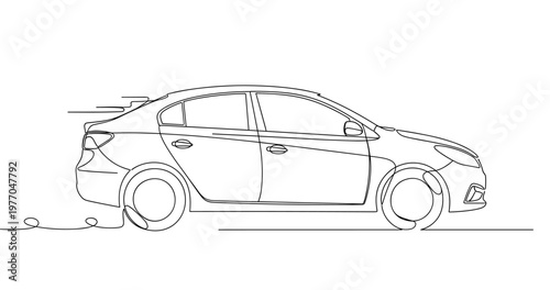 Sedan car parked in simple roadside outline minimalist drawing. No editable stroke