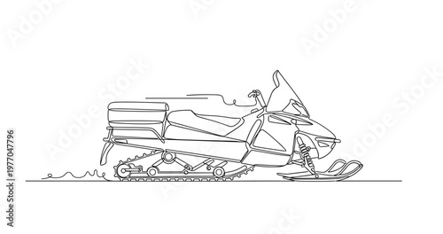 Snowmobile parked in idle state on flat ground line drawing. No editable stroke