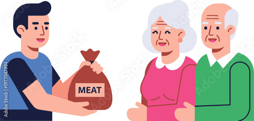a man handing a bag of meat to an elderly couple
