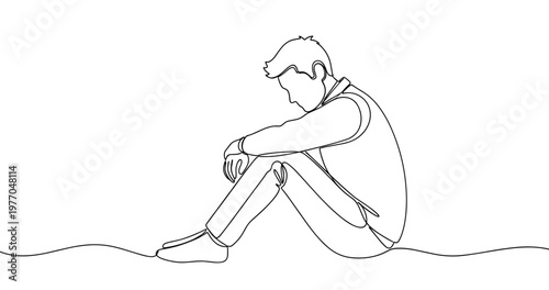 Outline of sad young male sitting alone in thought. No editable stroke