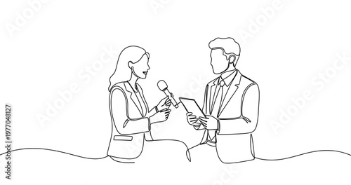 Illustration of interview between female and male adults with microphone and notepad. No editable stroke