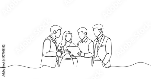 Group of young caucasian adults collaborating on tablet in line art illustration. No editable stroke