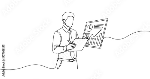 Business analysis by young caucasian male: data, charts, graphs in line art. No editable stroke