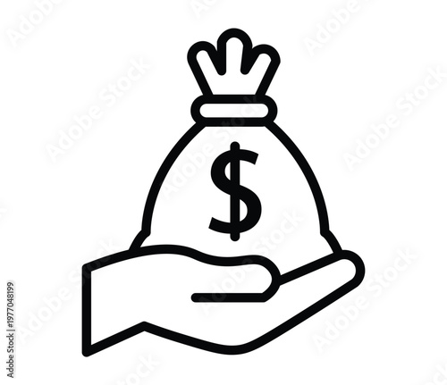 A simplistic black outline depicts a hand holding a bag containing a dollar sign a clear representation of wealth silhouette high quality professional