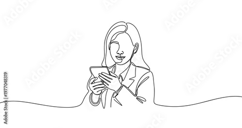 Line art: young caucasian female using smartphone in profile view. No editable stroke