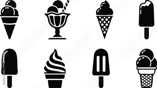 Black silhouette ice cream icons isolated on transparent background