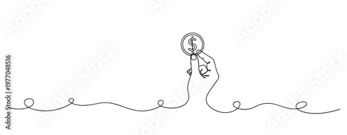 Continuous line drawing of hand holding dollar coin symbolizing investment concept. No editable stroke