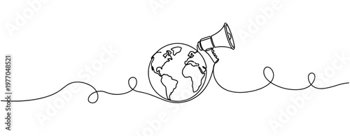 Continuous line drawing of earth with megaphone symbolizing global communication. No editable stroke