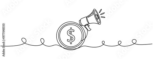 Dollar coin with megaphone on wavy line - concept of financial announcement. No editable stroke