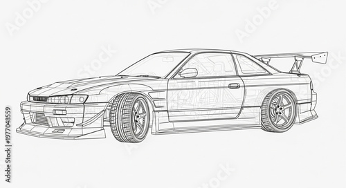 Detailed sketch of a sports car with a large rear spoiler.