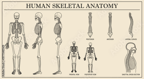 Human skeletal anatomy chart illustration poster design with diagrams of full body skeletons