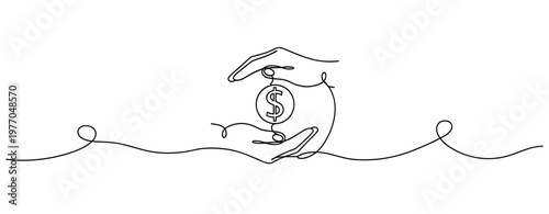 Continuous line drawing of hands protecting dollar coin symbolizing financial security. No editable stroke
