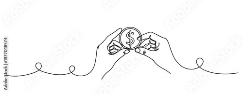 Continuous line drawing of hands holding a dollar coin. No editable stroke