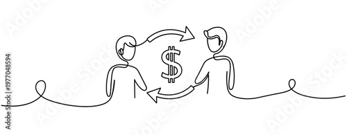 Line art of two people exchanging money with arrows and dollar sign. No editable stroke