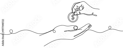 Continuous line drawing of hands exchanging coin symbolizing financial transaction. No editable stroke