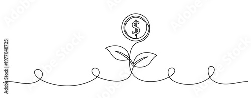 Minimalist line art of a growing money plant symbolizing financial growth. No editable stroke