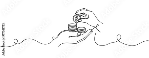 Minimalist line art of hands exchanging coins and stacked money. No editable stroke