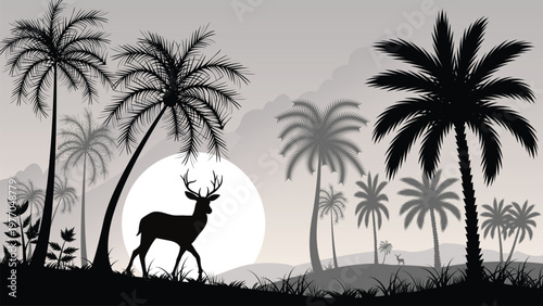 Silhouette of a deer with antlers walking in a tropical landscape with palm trees and a large sun vector illustration