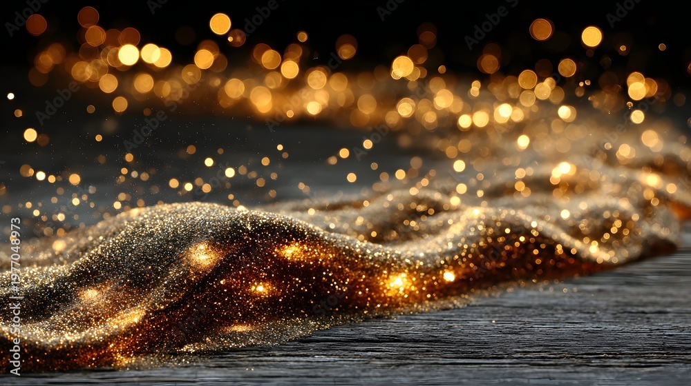 Naklejka premium Golden Glittering Dust Particles on Dark Background.