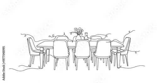 Minimalist line art dining table with chairs and vases in monochrome style. None editable stroke