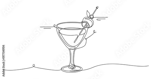 Minimalist continuous line art of a martini glass with olive. None editable stroke