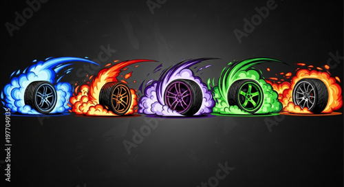 Five stylized cars with colorful fiery effects and smoke.