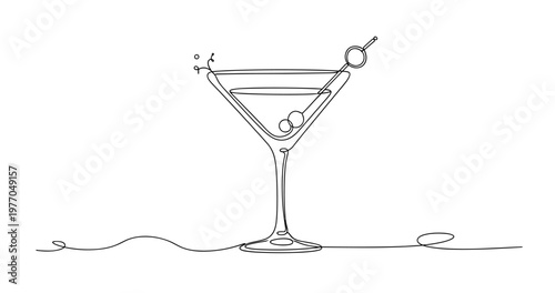 Elegant line art of martini glass with olive garnish on white background. None editable stroke