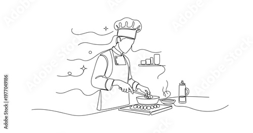 Caucasian male chef cooking on stovetop in minimalist line art illustration. None editable stroke