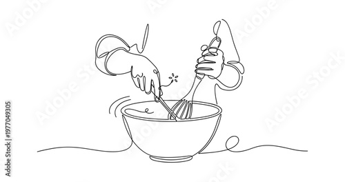 Continuous line drawing of hands mixing batter in a bowl with whisk. None editable stroke
