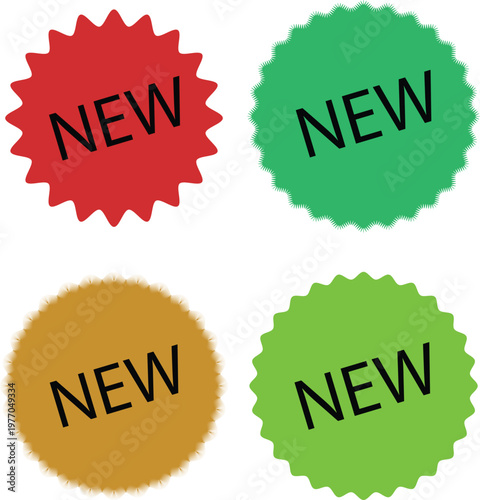 Colorful New Badges: Four vibrant badges boldly proclaim NEW, inviting attention with their eye-catching design and dynamic color palettes.