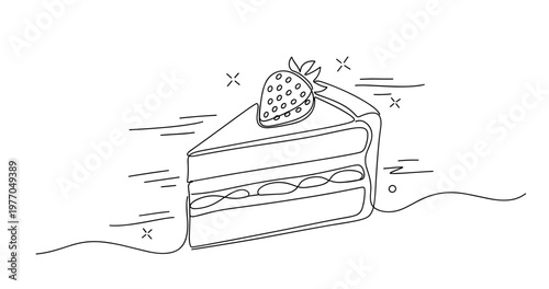 Line art of a strawberry cake slice with berry topper on white background. None editable stroke