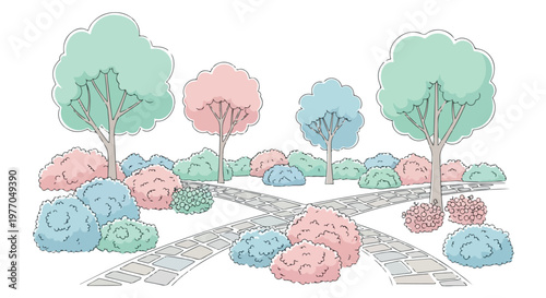 Hand Drawn Pastel Colored Park Illustration with Trees, Bushes, and Intersecting Stone Paths