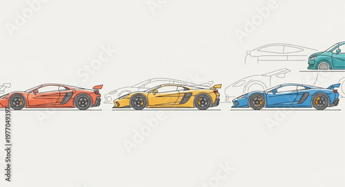 Three colorful sports cars lined up on a white background.