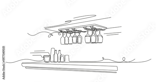 Modern minimalist bar counter with hanging glasses and bottles. None editable stroke