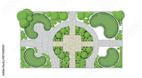 WeLandscape design elements in top view, garden plan vector set with trees and shrubs, stone walkway and patio paving for architectural site maps isolated PNG with Transparent Backgroundb