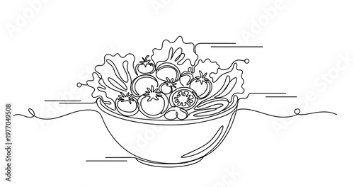 Line art bowl of vegetables with tomatoes and greens in minimalist style. None editable stroke