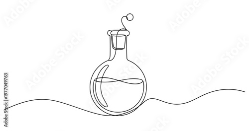 Black and white line art of a chemical flask with liquid. no editable stroke