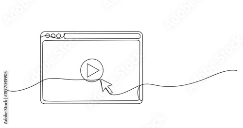 Continuous line drawing of video player interface with play button and cursor. no editable stroke