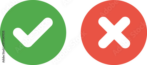 Check mark icon button set, flat vector collection of checkbox yes no symbols with approval and rejection buttons for UI feedback validation and user interface design.
