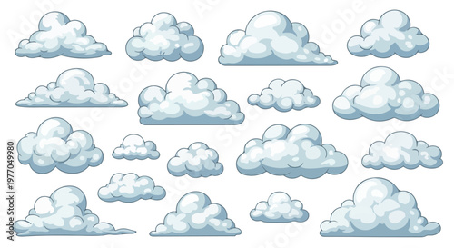 Cartoon cloud vector set, fluffy white cumulus clouds collection, 16 stylized sky elements for game design and weather icons