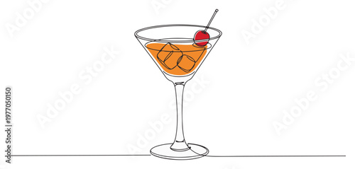 Classic cocktail with cherry in a martini glass. Continuous one line drawing with color vector illustration.