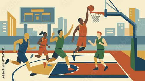 Basketball Game in Urban Setting with Diverse Players, Flat Vector Illustration