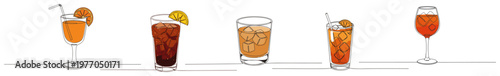 Set of popular summer cocktails and drinks. Continuous one line drawing with color vector illustration.