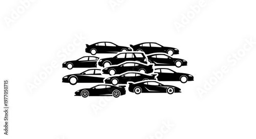 Collection of Black Car Silhouettes on White Background.