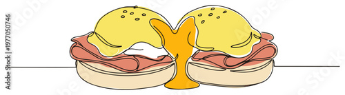 Eggs Benedict with runny yolk continuous one line drawing gourmet breakfast meal vector art