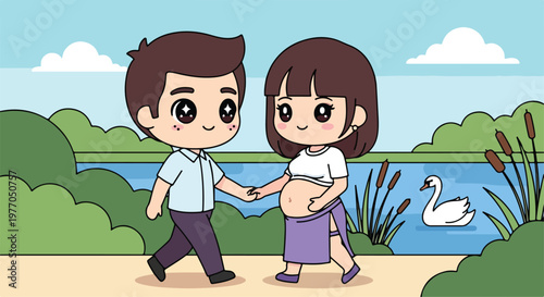 Happy expecting couple walking hand in hand by a serene lake with a swan swimming peacefully in nature
