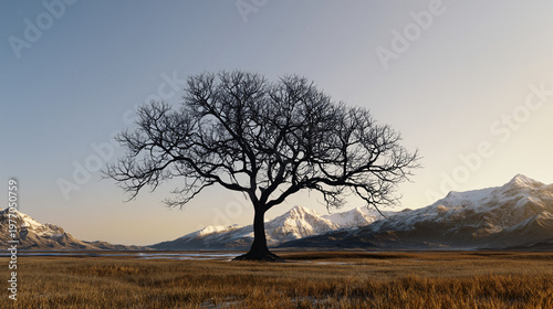 Solitary Sentinel A bare tree stands tall against a backdrop of majestic mountains and a serene sky, embodying resilience and the enduring spirit of nature.