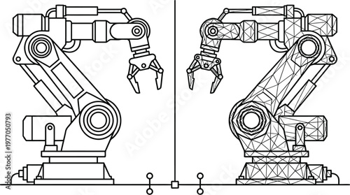 Two mechanical industrial robotic arms depicted in a clean line art style for modern manufacturing technology concepts