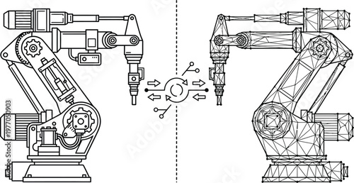 Two industrial robotic arms facing each other show mechanical precision and advanced automation engineering in a line drawing